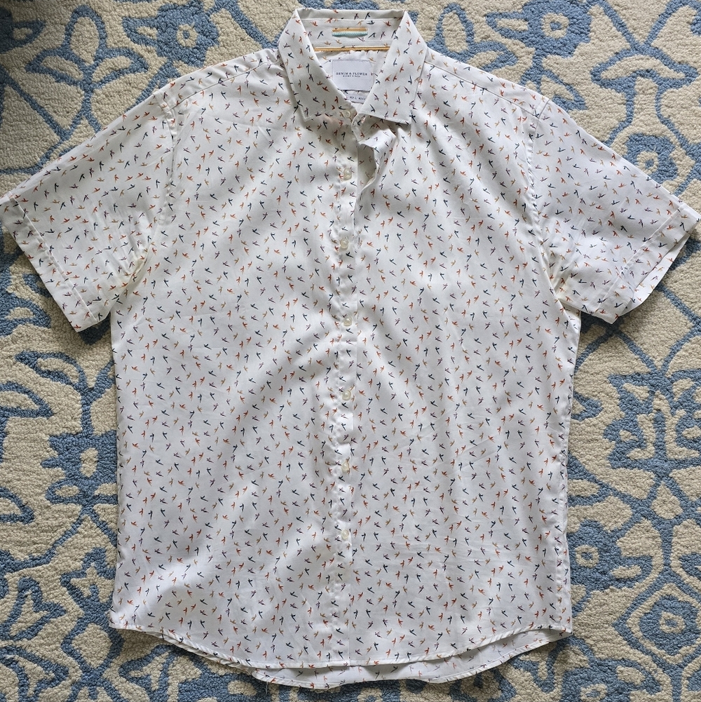 Denim & Flower White Shirt with Colorful Bird Pattern